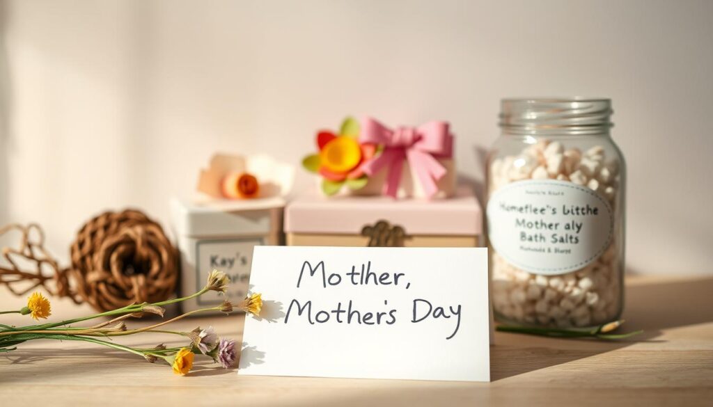 A whimsical still life arrangement featuring a variety of thoughtful, homemade Mothers Day gifts. In the foreground, a handmade card with crayon drawings and a sweet message, accompanied by a small bouquet of freshly picked wildflowers. In the middle ground, a delicately crafted paper flower, a personalized keepsake box, and a jar of colorful homemade bath salts. The background showcases a soft, pastel-hued wall, creating a warm, inviting atmosphere. Gentle, natural lighting illuminates the scene, casting a cozy, familial glow. The overall composition conveys a sense of heartfelt creativity, love, and appreciation.