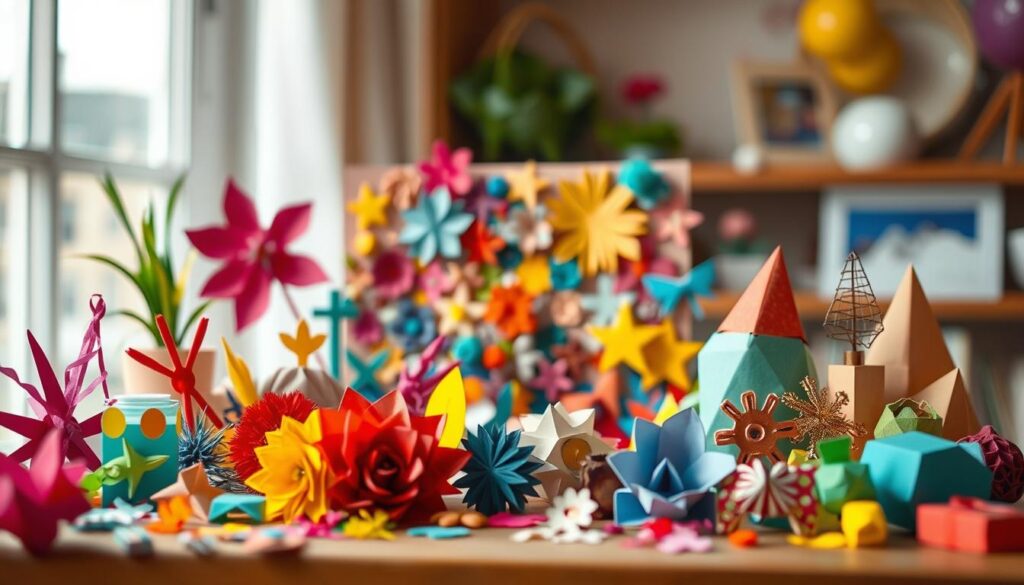 A whimsical still life featuring a variety of vibrant, handcrafted paper elements in the foreground. In the middle ground, a collage of colorful shapes, textures, and patterns creates a dynamic, abstract composition. The background is softly blurred, allowing the crafted objects to take center stage. The lighting is warm and gentle, creating a cozy, inviting atmosphere that celebrates the joy of creative expression. The overall mood is playful, imaginative, and visually striking, evoking a sense of artistic flair and inspiration.