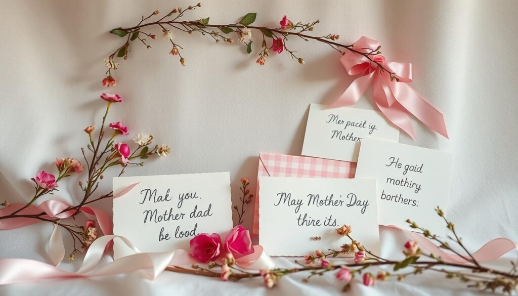 A whimsical still life featuring an assortment of handwritten mothers day messages artfully arranged against a soft, dreamy backdrop. Delicate floral sprigs, ribbons, and other natural elements frame the composition, creating a sense of warmth and affection. Gentle studio lighting casts a subtle glow, highlighting the textures and organic forms. The overall mood is one of heartfelt sentiment and creative expression, perfectly suited to illustrate the art of crafting meaningful mothers day sentiments.