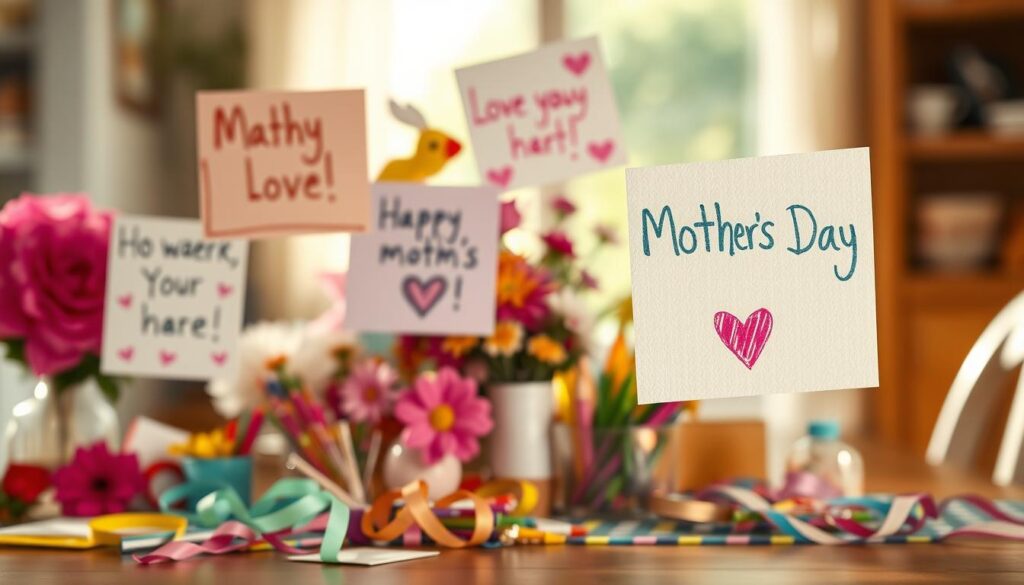 A whimsical tableau of handwritten Mother's Day well-wishes from cheerful children. In the foreground, crayon-colored cards and drawings float weightlessly, conveying heartfelt messages of love and appreciation. The middle ground features a colorful array of flowers, ribbons, and craft supplies, hinting at the creative process. In the soft-focus background, a warm, sunlit domestic setting hints at the cozy, nurturing atmosphere of a family home. Soft, diffused lighting casts a gentle glow, while a shallow depth of field keeps the viewer's focus on the charming, handmade elements. An image that captures the innocent, endearing spirit of children honoring their mothers on this special day.