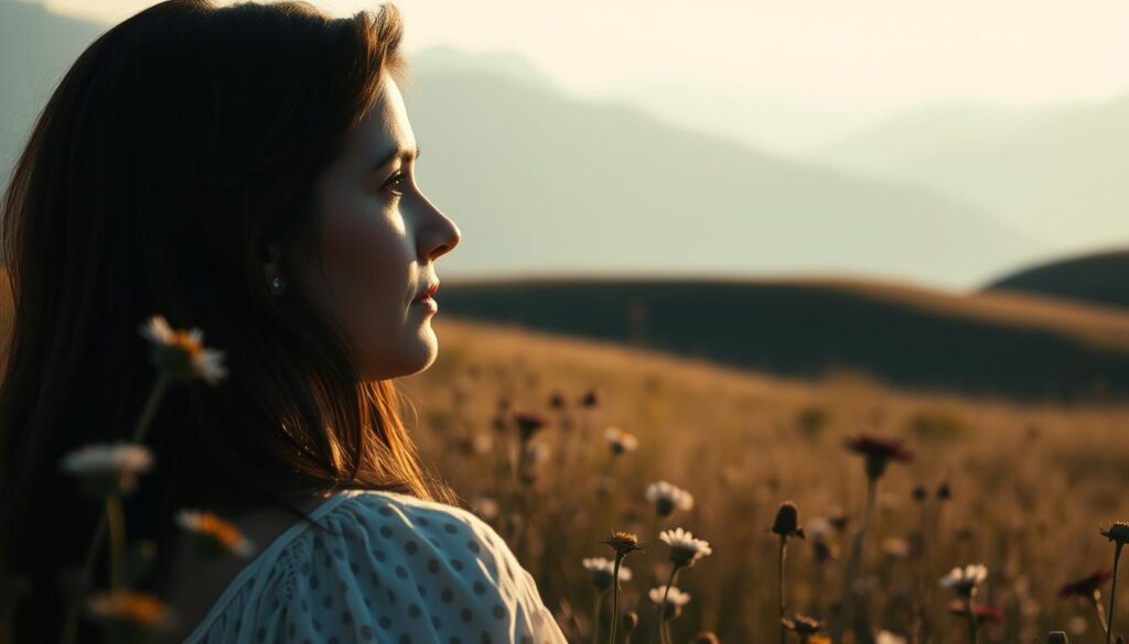 A woman in a field of wildflowers, gazing longingly into the distance. Soft, golden afternoon light illuminates her face, a wistful expression of longing. Her silhouette is framed by a rolling, grassy landscape, hazy blue mountains rising in the background. The scene evokes a sense of melancholy and quiet contemplation, as if she is thinking of a loved one far away. The composition is balanced and serene, the palette muted and warm. A lens with a moderate telephoto focal length captures the scene with a shallow depth of field, isolating the figure and emphasizing the emotional mood.