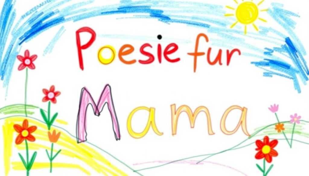 A young child's hand-drawn artwork depicting a heartfelt message for their mother. The central focus is the text "Poesie für Mama" (Poetry for Mom) written in a playful, childlike script with colorful, expressive lettering. The background features a whimsical, crayon-like landscape with flowers, trees, and a vibrant blue sky. The composition has a warm, loving atmosphere, conveying the child's sincere appreciation and admiration for their mother. The image has a soft, pastel-like color palette, evoking a sense of innocence and tenderness. The overall scene reflects the theme of "Mama, du bist die Beste - Sprüche von Kids" (Mom, You're the Best - Quotes from Kids).