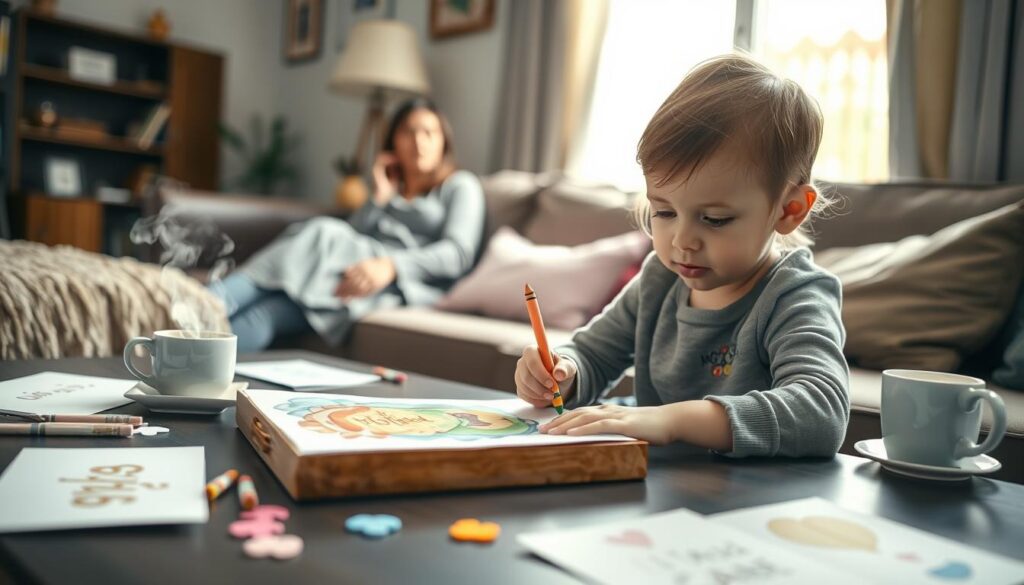 A young child's perspective on Mother's Day, filled with warmth and wonder. A cozy living room scene, soft lighting casting a gentle glow. A small child, crayon in hand, carefully drawing a vibrant picture on the coffee table, tongue peeking out in concentration. Nearby, a mother relaxes on the sofa, watching with adoring eyes, a cup of tea steaming on the table. Handmade cards and craft supplies scattered around, a testament to the child's loving efforts. The atmosphere is one of quiet contentment, the child's pure admiration for their mother shining through.