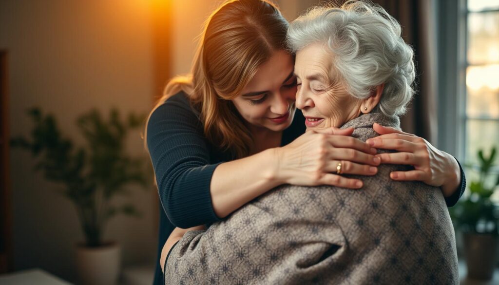 A young woman embraces her elderly mother tenderly, their bodies language conveying the deep bond and gratitude between them. Warm, soft lighting filters through a large window, casting a gentle glow over the intimate scene. The foreground is focused on their embrace, their faces reflecting profound love and appreciation. The background is slightly blurred, allowing the viewer to focus on the heartfelt moment shared between mother and daughter. The composition is balanced, with the figures placed centrally, conveying a sense of tranquility and harmony. An atmosphere of reverence and thankfulness permeates the image, capturing the essence of expressing one's "Dankbarkeit" or gratitude.