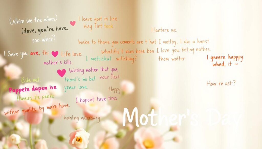 An artistic illustration of heartfelt WhatsApp messages for Mother's Day. The foreground features a vibrant array of colorful, handwritten-style text floating against a soft, blurred background. The messages convey sincere appreciation, love, and gratitude, capturing the warmth and intimacy of a personalized digital greeting. The middle ground showcases a soothing, pastel-hued floral motif, hinting at the nurturing, maternal essence of the occasion. The background bathes the scene in a gentle, natural light, creating an overall mood of tenderness and affection. The composition is balanced and harmonious, inviting the viewer to engage with the meaningful, digital well-wishes.