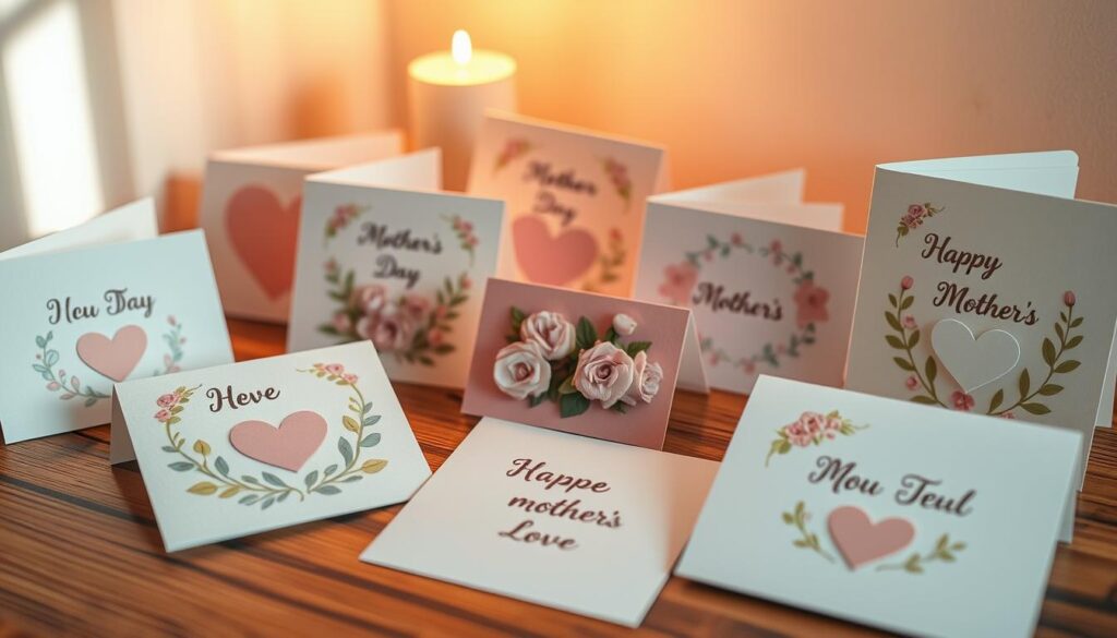 An assortment of beautifully handcrafted mother's day cards crafted with love, featuring delicate floral patterns, soft pastel hues, and heartfelt messages. A cozy, intimate scene with the cards arranged on a wooden surface, illuminated by warm, natural lighting that casts a gentle glow. The cards are showcased against a simple, clutter-free background, allowing the craftsmanship and sentiments to take center stage. The overall mood is one of thoughtfulness, elegance, and a celebration of the special bond between mother and child.