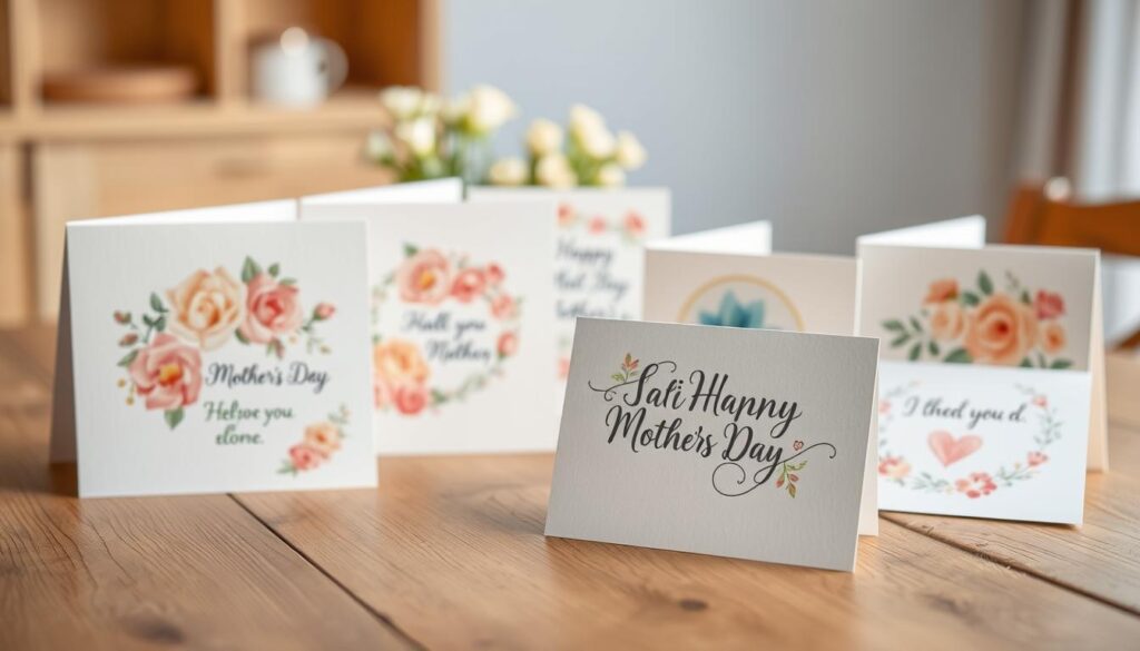 An elegant arrangement of Mother's Day cards on a wooden table, captured in soft, natural lighting. The cards feature intricate floral designs and playful illustrations, showcasing a range of creative and heartfelt expressions. In the foreground, a few cards are positioned to draw the viewer's attention, while the background is blurred, creating a sense of depth and focus. The overall composition conveys a warm, homespun atmosphere, inviting the viewer to explore the thoughtful and imaginative ways to celebrate motherhood.