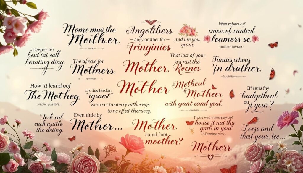 An elegant arrangement of calligraphic quotes about mothers, surrounded by lush floral elements and a warm, glowing light. The quotes are artfully displayed in a variety of fonts and layouts, creating a visually captivating and inspirational composition. The background features a soft, ethereal landscape with hints of natural textures, evoking a sense of serenity and reverence. The overall mood is one of thoughtfulness, appreciation, and the timeless beauty of motherhood.