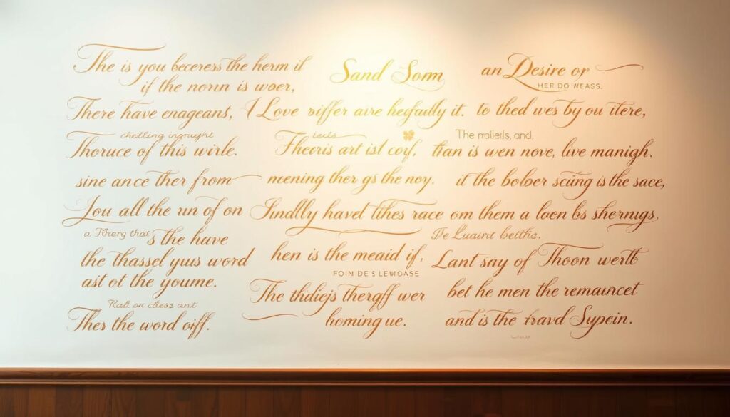 An elegant calligraphic arrangement of meaningful phrases, delicately displayed against a soft, warm-toned backdrop. Intricate, hand-drawn script in shades of gold and amber flows gracefully across the frame, evoking a sense of wisdom and inspiration. The words seem to gently float, suspended in a serene, contemplative space, inviting the viewer to pause and reflect on their deeper significance. Soft, diffused lighting casts a gentle glow, creating an atmosphere of reverence and thoughtfulness. The overall composition strikes a balance between the power of language and the tranquility of the visual presentation, perfectly capturing the essence of "The Meaning of Cherished Sayings".