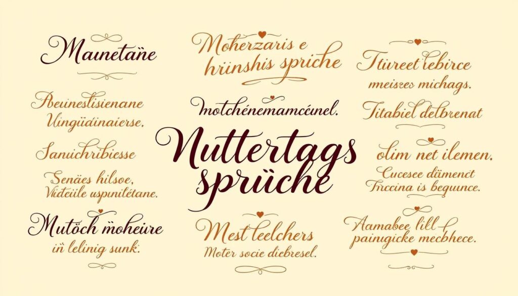 An elegant calligraphic display of "Muttertagssprüche" (Mother's Day Quotes) in various languages, rendered in a warm, earthy color palette. The quotes are artfully arranged in a balanced, symmetrical layout, with delicate flourishes and subtle textures that evoke the rich cultural heritage of the featured languages, such as Spanish and Italian. The overall composition has a timeless, handcrafted quality, conveying a sense of joyful celebration and appreciation for mothers around the world.