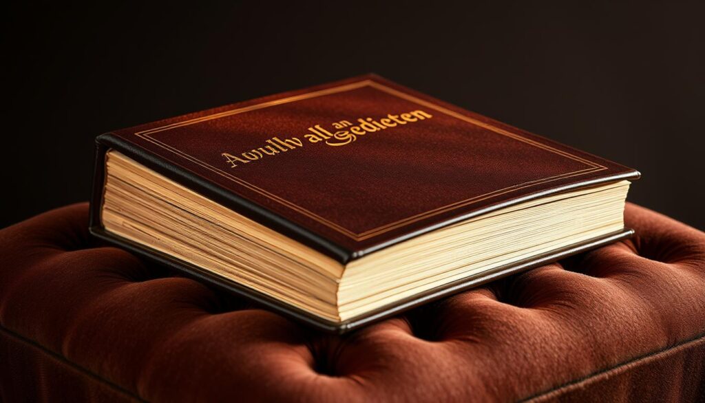 An elegant collection of poetry bound in a leather-bound tome, resting upon a velvet cushion. Soft, warm lighting illuminates the book's intricate cover, showcasing its title "Auswahl an Gedichten" in an ornate, calligraphic script. The page edges appear to be gilded, reflecting the light and adding a touch of luxurious detail. The background is a serene, muted color palette, allowing the book to take center stage. The overall composition conveys a sense of thoughtfulness, reverence, and the timeless beauty of the written word.