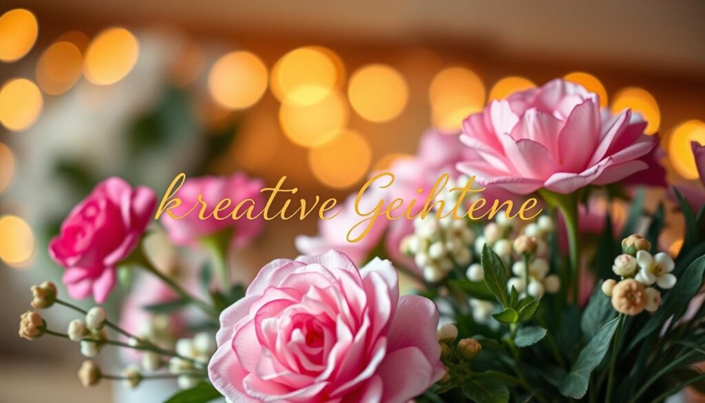 An elegant floral arrangement with vibrant pink and white blooms occupies the foreground, evoking a sense of joy and celebration. In the middle ground, delicate cursive script in a golden hue elegantly forms the words "kreative Gestaltung", conveying the artful and thoughtful nature of the subject. The background features a soft, blurred bokeh effect, creating a warm, inviting atmosphere. Warm, diffused lighting from an unseen source bathes the composition in a gentle glow, highlighting the natural beauty and craftsmanship. The overall scene exudes a feeling of refined creativity and a touch of whimsy, perfectly capturing the essence of the "Tipps, um Muttertagssprüche kreativ zu gestalten" section.