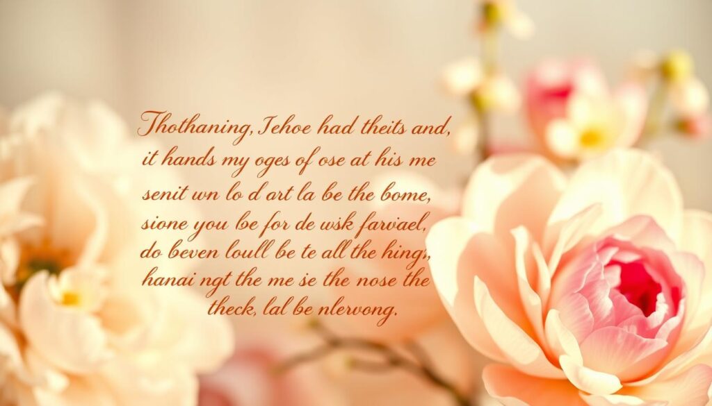 An elegant, handwritten calligraphic poem of gratitude and appreciation floating against a soft, blurred floral background. The poem is written in flowing, cursive script in shades of warm ochre, burgundy, and gold, conveying a sense of heartfelt emotion and timeless beauty. The flowers in the background are delicate, pastel-hued peonies, roses, and jasmine, adding a romantic, dreamy atmosphere. The lighting is warm and gentle, with a soft, diffused glow that illuminates the poetry. The entire scene evokes a feeling of graceful, poetic reverence for the importance of motherhood.