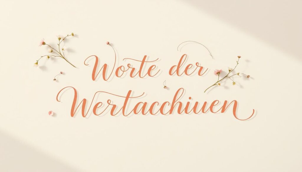 An elegant handwritten calligraphic text in soft, warm hues, "Worte der Wertschätzung" floats amidst a serene, pastel-toned background. Delicate floral sprigs and tendrils twine gracefully around the words, adding a sense of beauty and thoughtfulness. The overall composition has a muted, sentimental feel, evoking a heartfelt message of appreciation. Soft, diffused lighting casts gentle shadows, creating a sense of depth and dimension. The layout is balanced and harmonious, allowing the words to be the central focus.