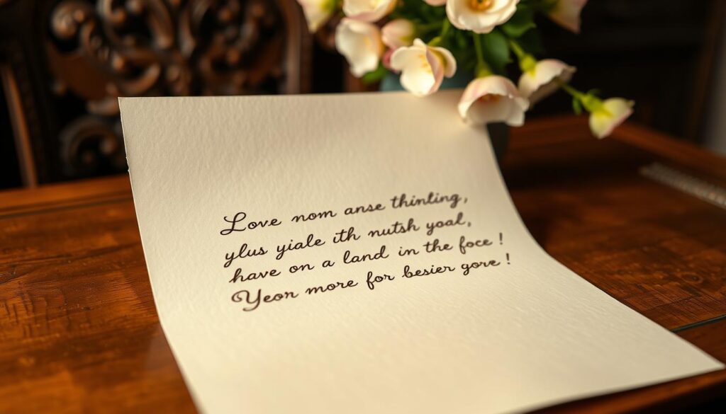 An elegant handwritten letter on lightly textured cream paper, lying atop an ornate wooden desk. The message is written in a flowing, cursive script, conveying a heartfelt, personal sentiment. Soft, warm lighting casts a gentle glow, creating a cozy, intimate atmosphere. In the background, a vase of fresh flowers, their petals delicately unfurled, adds a touch of natural beauty. The scene evokes a sense of thoughtfulness, care, and the cherished exchange of heartfelt messages.
