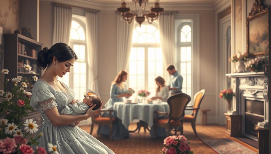 An elegant historical illustration of the origins and evolution of Mother's Day. A serene 19th century parlor scene, illuminated by soft natural light from large windows. In the foreground, a young woman tenderly holds a newborn, surrounded by blooming flowers and delicate lace. In the middle ground, a family gathers around a table, exchanging gifts and heartfelt sentiments. In the background, a bookshelf and ornate fireplace convey a sense of refined domesticity. The overall mood is one of warmth, love, and reverence for the maternal bond, capturing the essence of the Mother's Day tradition.