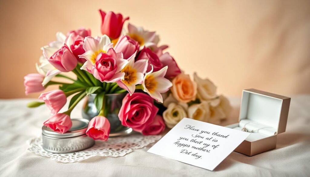 An elegant still life composition showcasing a selection of thoughtful Mother's Day gift ideas. In the foreground, a bouquet of vibrant spring flowers - tulips, daffodils, and roses - arranged in a vase with a delicate lace doily. Beside it, a polished silver jewelry box, its lid slightly ajar to reveal a glimmering necklace. In the middle ground, a handwritten card with a heartfelt message rests upon a soft, linen-textured surface. The background features a warm, diffused lighting, accentuating the inviting, cozy atmosphere. The scene evokes a sense of care, appreciation, and the enduring bond between a mother and child.