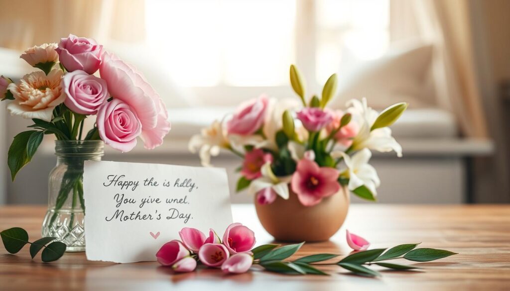 An elegant still life in warm, soft lighting, capturing the essence of Mother's Day. In the foreground, a bouquet of delicate flowers - roses, peonies, and lilies - arranged in a simple, rustic vase. The middle ground features a handwritten card with a heartfelt message, its edges slightly worn, conveying a sense of timelessness. In the background, a cozy, sun-dappled window seat, inviting the viewer to pause and reflect on the love and appreciation we hold for mothers. The overall mood is one of comfort, gratitude, and the cherished traditions that make Mother's Day so special.