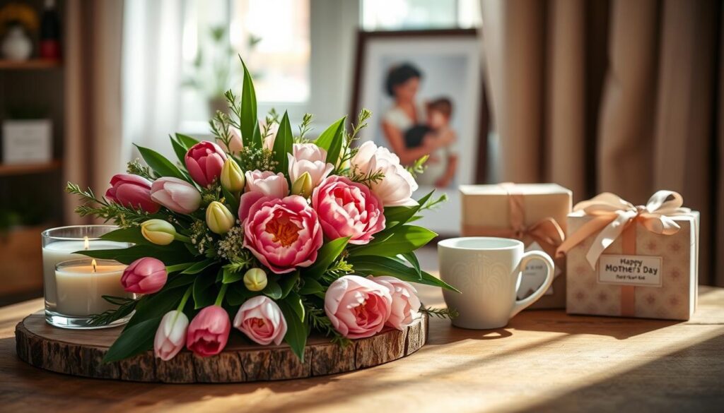 An elegantly arranged still life showcasing an assortment of thoughtful Mother's Day gift ideas. In the foreground, a bouquet of vibrant spring flowers - delicate tulips, fragrant peonies, and lush greenery - placed atop a rustic wooden surface. Surrounding the floral centerpiece, a selection of artisanal candles, a handcrafted ceramic mug, and a beautifully wrapped gift box with a delicate ribbon. The middle ground features a framed artwork or family photo, further emphasizing the sentimental nature of the occasion. The background is softly blurred, creating a warm, intimate atmosphere, lit by natural light streaming in from a window. The overall composition evokes a sense of care, appreciation, and the heartfelt celebration of motherhood.