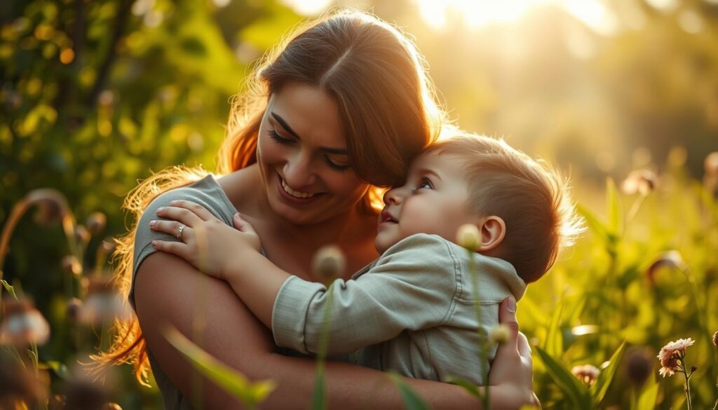 An emotional mother and child embracing in a serene, sun-dappled meadow, their expressions conveying profound love and connection. Soft, warm lighting filters through the lush, verdant foliage surrounding them, creating a contemplative, introspective atmosphere. The mother's face is aglow with maternal affection, while the child gazes up adoringly, their bond palpable. The scene evokes a sense of profound gratitude, intimacy, and the enduring power of a mother's love.