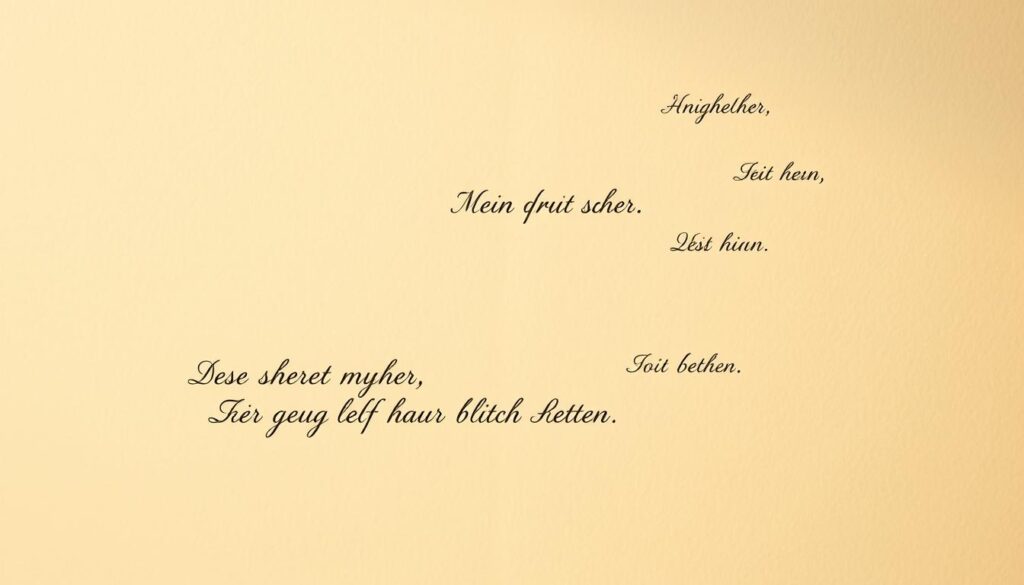 An emotional scene of handwritten German phrases, delicately rendered against a soft, textured background. In the foreground, elegant calligraphic strokes form long, soulful expressions of deep feelings. Scattered throughout the frame, additional phrases hover in a contemplative manner, as if suspended in air. Warm, diffused lighting casts a gentle glow, creating an atmosphere of introspection and sincerity. The overall composition is balanced and cohesive, inviting the viewer to ponder the profound sentiments conveyed through the beautiful typography.