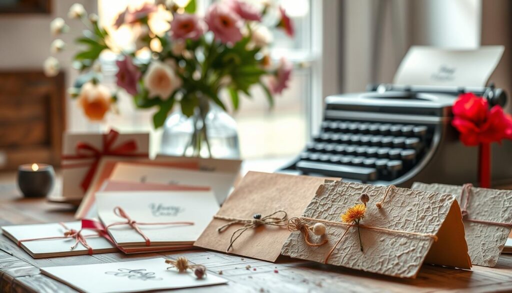 An idyllic scene of handmade greeting cards, featuring a cozy tabletop display. In the foreground, an array of colorful, textured cards made with care - rough paper, embellished with ribbons, dried flowers, and delicate calligraphy. Behind them, a vase of fresh blooms and a vintage typewriter add a warm, rustic ambiance. Soft, natural lighting filters through a window, casting a gentle glow over the composition. The overall mood is one of creativity, heartfelt sentiment, and the personal touch of homemade craftsmanship.