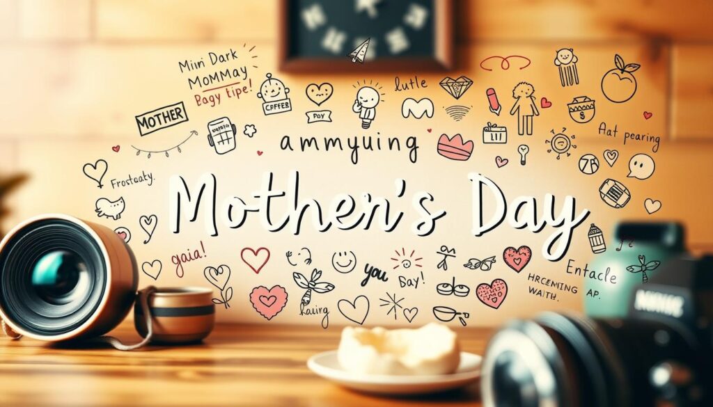 An imaginative and lighthearted collage of amusing Mother's Day sayings, depicted against a warm, cozy backdrop. The playful handwritten-style text floats amidst a vibrant arrangement of cheerful doodles, sketches, and whimsical illustrations - an eclectic mix of endearing motherhood-themed motifs. Rendered in a soft, pastel color palette with subtle textures, the overall composition conveys a sense of joy, humor, and heartfelt appreciation. Captured through the lens of a vintage-inspired camera, the scene has a nostalgic, feel-good quality befitting the celebratory occasion.