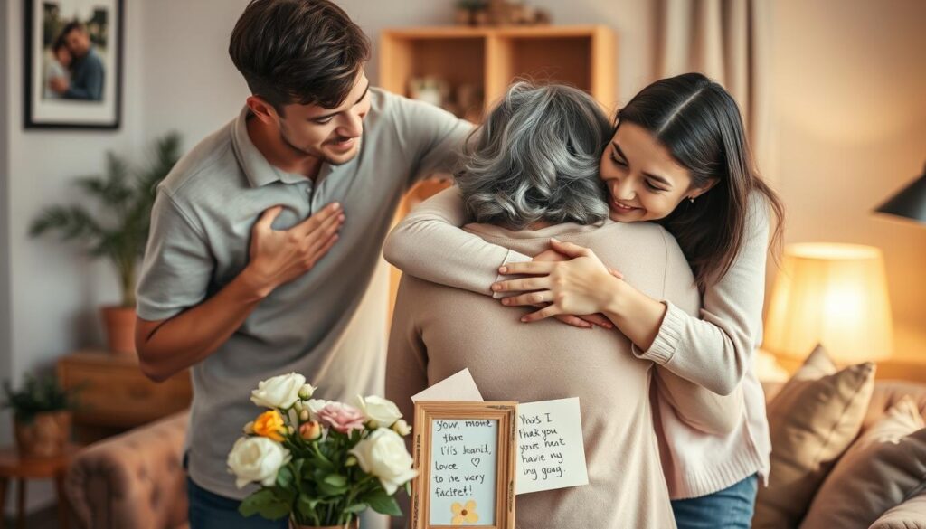 An intimate, heartfelt scene of adult children expressing gratitude to their mother. A warm, softly lit interior with natural textures - wooden furniture, plush fabrics, and potted plants. The foreground features two adult children, one male and one female, embracing their mother in a tender moment. Their expressions convey deep appreciation and affection. The middle ground showcases a thoughtful display of handwritten notes, flowers, and a framed family photo. The background is slightly blurred, creating a sense of privacy and intimacy. The overall mood is one of reverence, love, and profound thankfulness.