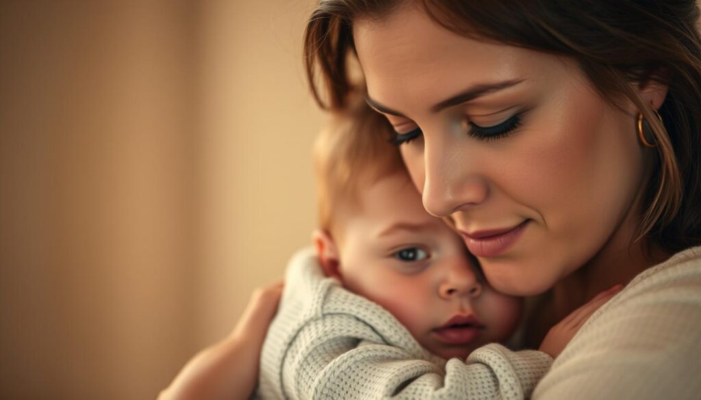 An intimate mother and child portrait, bathed in warm, soft lighting. The mother's gaze is filled with tender affection as she embraces her young child, their faces close and thoughtful. The peaceful, loving atmosphere is heightened by a blurred, dreamlike background, conveying the depth of their connection. The scene evokes a sense of timeless, universal maternal love, capturing the profound bond between a mother and her child.