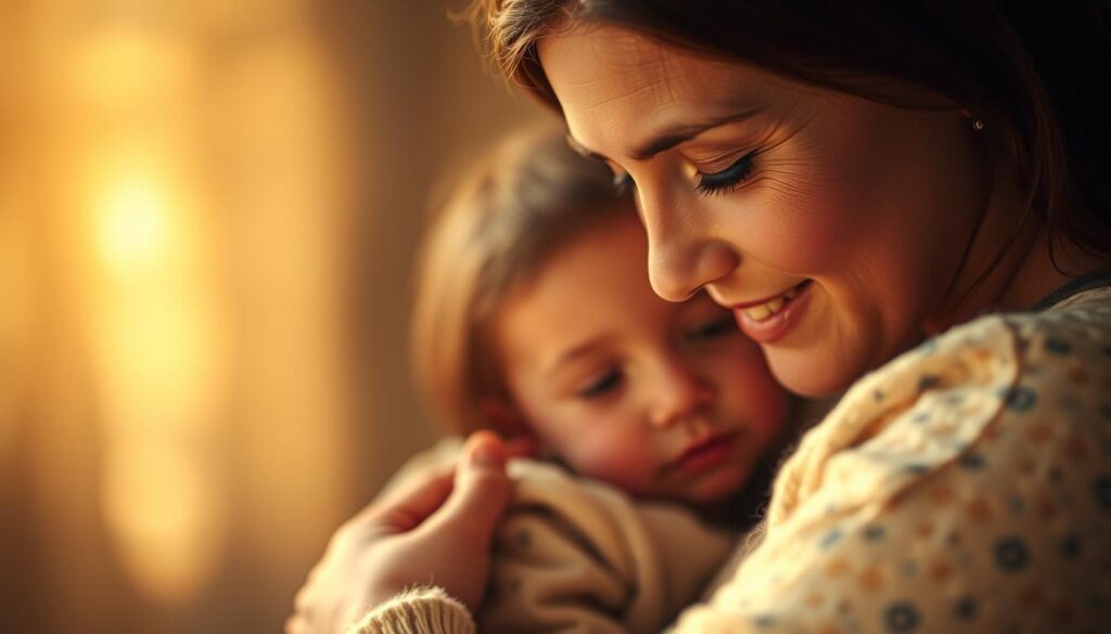 An intimate portrait of a mother and child, bathed in warm, soft lighting. The mother's expression is one of profound love and tenderness, her gaze filled with adoration as she embraces her child. The child, safe and content in the mother's arms, radiates a sense of profound trust and gratitude. In the background, a hazy, dreamlike setting evokes a serene, timeless atmosphere, emphasizing the timeless bond between mother and child. The overall composition conveys a deep, heartfelt connection, a visual representation of the profound meaning of "Mutterliebe und Dankbarkeit".