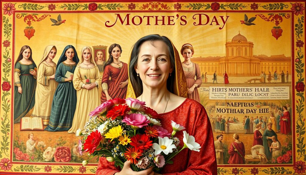 An intricate tapestry depicting the history of Mother's Day, set against a warm, golden-hued backdrop. In the foreground, a serene mother figure, her face radiant with pride and love, holds a bouquet of vibrant flowers. Behind her, a procession of figures from various eras - ancient matriarchs, medieval ladies, and modern-day mothers - each representing the evolution of this cherished tradition. The middle ground showcases symbolic motifs, such as hand-crafted cards, delicate lace, and timeless family heirlooms, all woven together to create a tapestry of timeless devotion. In the distant background, a panoramic view of significant historical moments, from the first official Mother's Day celebrations to global observances, all culminating in a harmonious celebration of the enduring spirit of motherhood.