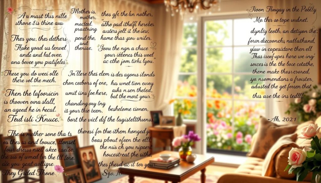 An intricately detailed digital painting of inspirational quotes about mothers and grandmothers, depicted with a warm, nostalgic tone. In the foreground, a collage of handwritten calligraphic phrases in a variety of fonts and languages, each framed by delicate floral illustrations. In the middle ground, a cozy living room scene with soft natural light filtering through lace curtains, featuring family photos and heirloom knick-knacks. In the background, a softly blurred view of a tranquil garden bursting with vibrant flowers and lush greenery. The overall composition evokes a sense of timeless, heartfelt appreciation for the wisdom and nurturing spirit of mothers and grandmothers.