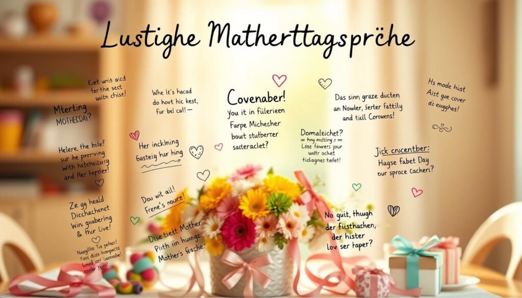 Cheerful Mother's Day phrases, playful and whimsical, set against a warm, sun-drenched background. In the foreground, a collage of handwritten notes, doodles, and quirky illustrations conveying heartfelt messages of love and appreciation. The middle ground features a lively arrangement of colorful flowers, ribbons, and small gift items. The background has a soft, blurred pastel palette, evoking a cozy, domestic atmosphere. Subtle lighting creates a gentle, joyful mood, highlighting the playful and humorous nature of the "Lustige Muttertagssprüche". The overall composition is balanced, inviting the viewer to engage with the lighthearted and relatable content.