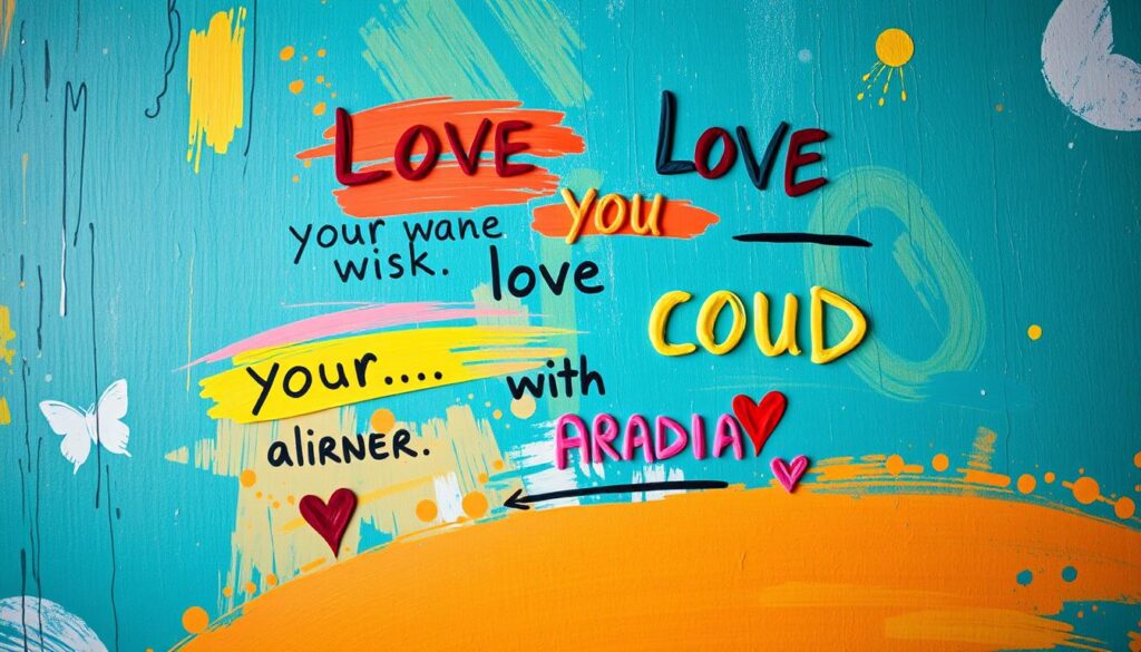 Colorful, hand-painted phrases and affirmations float against a vibrant, textured background. Playful brushstrokes in a rainbow of hues form words of encouragement, love, and appreciation. Whimsical lines and shapes create a dynamic, emotive composition that captures the heartwarming creativity of a child's perspective. Soft, diffused lighting casts a warm, inviting glow, evoking a cozy, familial atmosphere. The entire scene has a joyful, artisanal quality, reflecting the cherished bond between parent and child.
