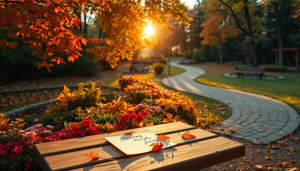 Cozy autumn landscape with colorful leaves and a warm, golden light. In the foreground, a wooden park bench with a hand-written note on it, surrounded by an array of vibrant flowers and plants. The background features a winding path leading through a lush forest, with the sun peeking through the trees, casting a soft, diffused glow. The overall scene conveys a sense of tranquility, comfort, and a heartfelt message ready to be shared.