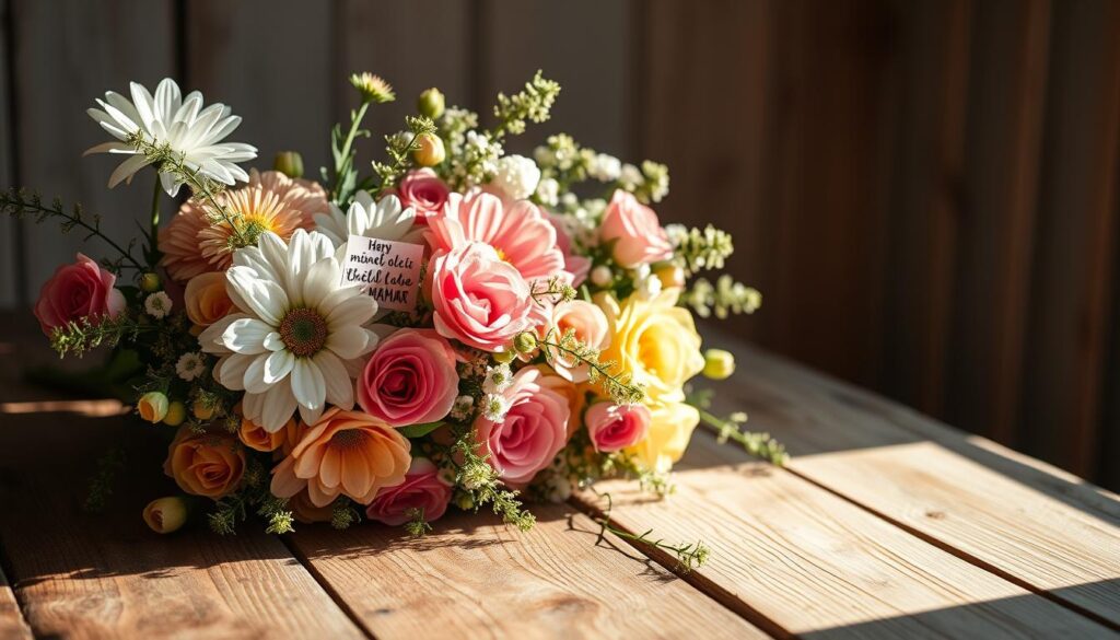 Cozy floral arrangement with hand-written inspirational quotes for special occasions, displayed on a rustic wooden table. Warm, natural lighting from the side highlights the delicate textures of the flowers and the casual, personal style of the lettering. The quotes evoke a sense of thoughtfulness and care, perfect for a feature on "Sprüche für Mama zu besonderen Anlässen". Minimal clutter allows the focus to remain on the meaningful phrases and the overall mood of the scene.