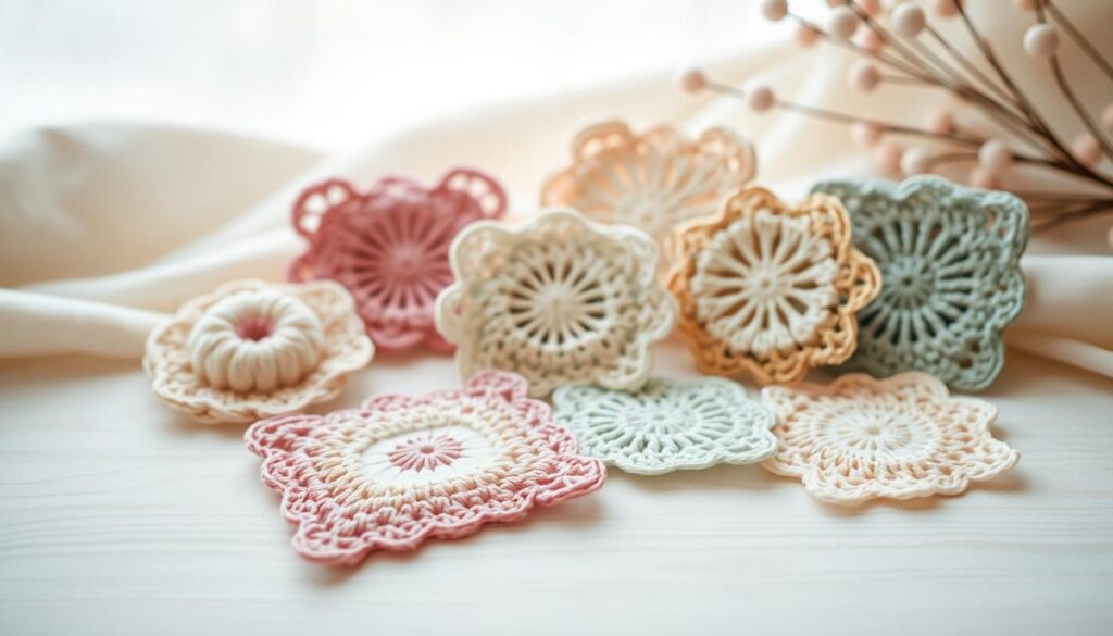 Crochet cards: A creative approach. A serene scene depicting an assortment of handcrafted crochet cards in various pastel hues, textures, and patterns. The cards are delicately arranged on a clean, soft-focus background, perhaps a wooden surface or a muted fabric. The lighting is diffused, creating a warm, inviting atmosphere that showcases the intricate stitches and the tactile nature of the crochet work. The cards are showcased as the focal point, with a sense of balance and harmony, inviting the viewer to appreciate the craftsmanship and the creative potential of this artform. The overall mood is one of simplicity, tranquility, and the beauty of handmade creations.