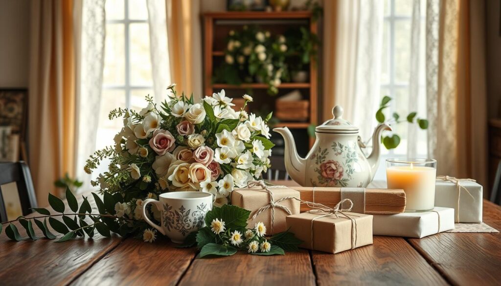Delicate floral bouquet in soft pastel hues cascading across a rustic wooden table, backlit by warm natural light filtering through airy lace curtains. Handcrafted ceramic mugs and a vintage teapot accented with hand-painted patterns sit alongside a collection of artisanal soaps, scented candles, and beautifully wrapped gift boxes. Lush greenery and subtle textures create an inviting, cozy atmosphere, evoking a sense of thoughtfulness and care. This harmonious still life celebrates the beauty of simple, heartfelt gifts for a cherished Mother's Day.