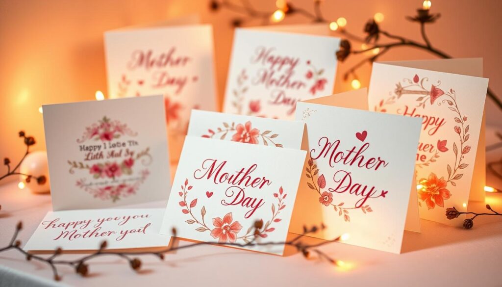 Delicate, handcrafted Mother's Day cards with intricate floral patterns and elegant typography. Warm, soft lighting illuminates the cards, creating a cozy, nurturing atmosphere. The cards are arranged in a visually appealing display, showcasing their thoughtful design and heartfelt sentiments. The cards are the focal point, surrounded by a minimalist background that allows the craftsmanship to shine. Subtle shadows and reflections add depth and dimension to the scene. The overall composition evokes a sense of care, appreciation, and the special bond between a mother and child.