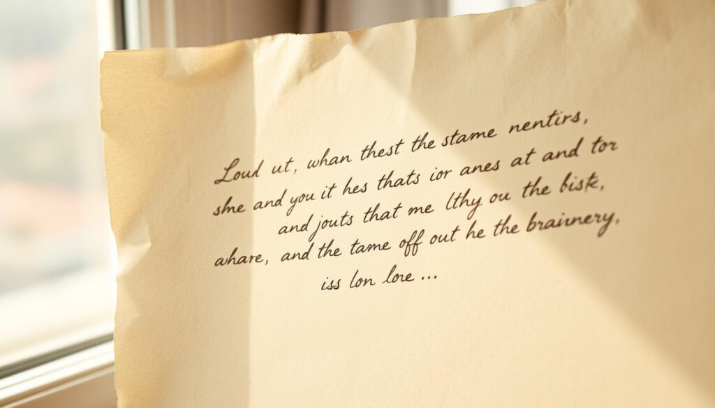 Delicate handwritten calligraphy on an aged parchment paper, conveying a heartfelt personal message. The text is written in an elegant script with gentle variations in line weight, subtly reflecting the thoughtfulness of the sender. Soft natural lighting from a window casts a warm glow, highlighting the tactile texture of the paper. The frame is simple and unobtrusive, allowing the message to be the central focus. An aura of intimacy and sincerity pervades the scene, inviting the viewer to pause and reflect on the sentiment expressed.