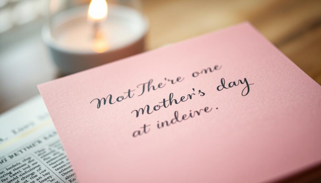 Delicate handwritten calligraphy on soft pink paper, capturing heartfelt mother's day messages. Elegant cursive script flows across the page, conveying sincere gratitude and appreciation. Warm, gentle lighting casts a comforting glow, creating an intimate, personal atmosphere. Blurred, out-of-focus background suggests a serene, contemplative setting, allowing the thoughtful sentiments to take center stage. Subtle textures and a slight vintage tint evoke a timeless, sentimental quality. The composition is balanced, with the text elegantly positioned to draw the viewer's eye. An image evoking the deep love and appreciation for mothers on their special day.