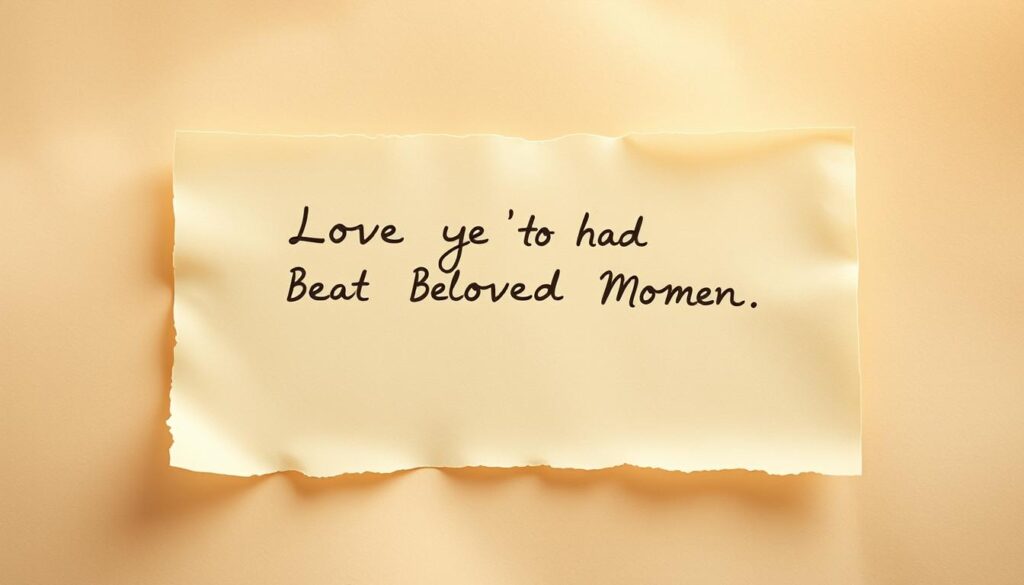 Delicate handwritten letters on parchment-like paper, floating against a soft, dreamy background. The letters form a heartfelt message, written with care and affection for a beloved mother. Warm, muted tones evoke a sense of nostalgia and timelessness. Subtle lighting casts a gentle glow, illuminating the personal nature of the words. The composition is balanced, with the message taking center stage, surrounded by an ethereal, atmospheric setting. The overall mood is one of tenderness, reverence, and the profound connection between a child and their mother.