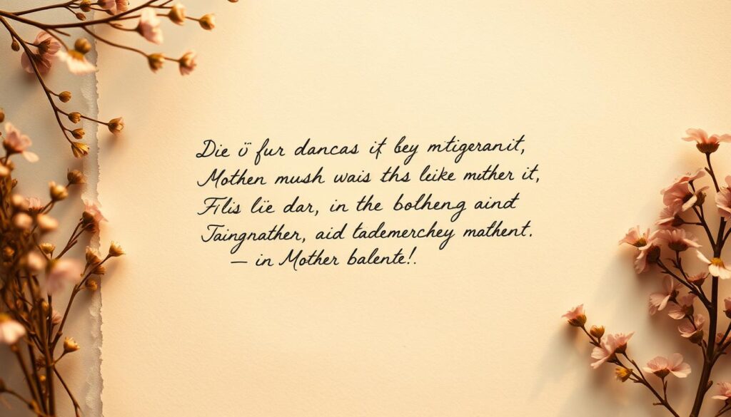 Delicate handwritten verses dancing across a soft, textured paper background, illuminated by warm, golden light. Elegant calligraphy in shades of ink and pencil, capturing the tender sentiments of a Muttertagskarte. Wispy floral elements frame the serene composition, evoking the nurturing essence of motherhood. A sense of heartfelt intimacy permeates the scene, inviting the viewer to pause and reflect on the beauty of maternal love.