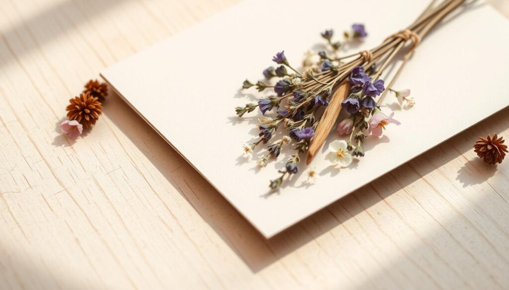 Detailed close-up shot of an elegant hand-crafted greeting card featuring a delicate arrangement of dried flowers, including sprigs of lavender, baby's breath, and pressed wildflowers. The card is resting on a light-colored wooden surface, with soft, natural lighting creating a warm, inviting atmosphere. The composition emphasizes the organic, earthy tones and textures of the dried botanicals, conveying a sense of rustic simplicity and timeless charm. The overall scene has a serene, minimalist aesthetic, allowing the natural beauty of the dried flowers to be the focal point.