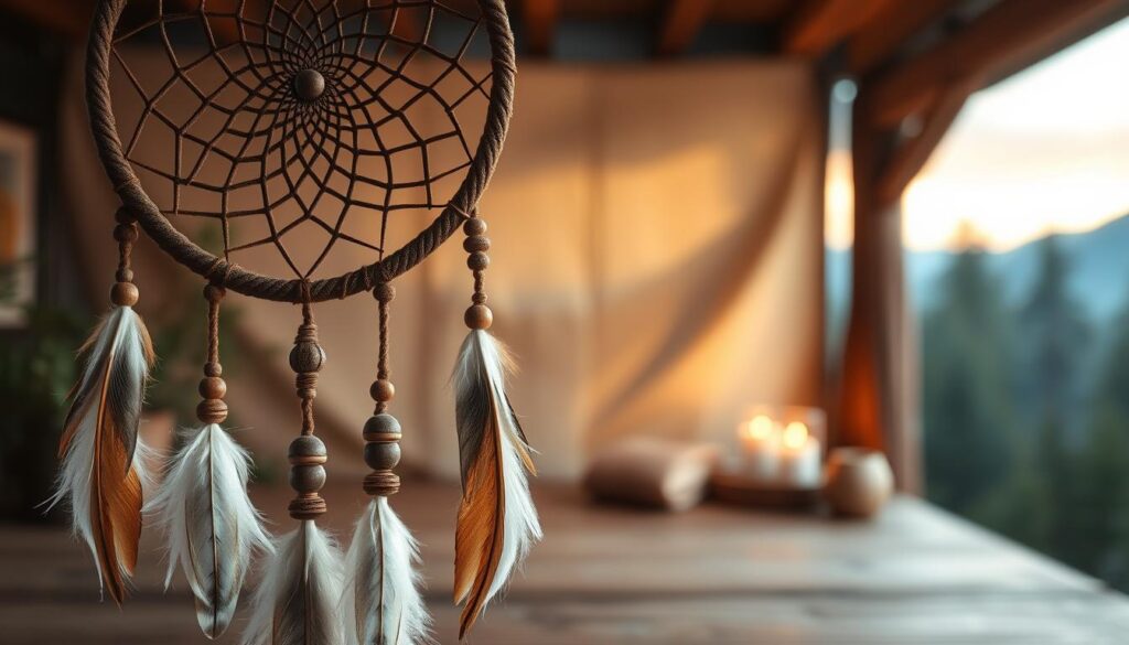 Detailed dreamcatcher in a warm, natural setting. The foreground features a handcrafted dreamcatcher with intricate woven patterns, natural feathers, and wooden beads. The middle ground shows a cozy, rustic backdrop, perhaps a wooden table or window sill, with soft lighting and a serene atmosphere. The background depicts a peaceful outdoor scene, such as a forest, mountain landscape, or sunrise, creating a calming, spiritual ambiance. The overall composition conveys a sense of tranquility, mindfulness, and personal connection to nature and the spiritual world. A high-resolution, realistic image with a shallow depth of field, neutral color palette, and soft, diffused lighting.