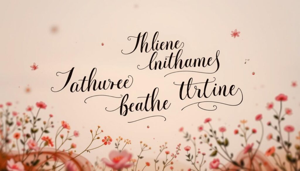 Detailed, hand-lettered calligraphic text compositions floating in a whimsical, dreamlike landscape. Swirling, organic background with soft pastel hues and delicate floral elements. Careful balance of typographic elements, decorative flourishes, and abstract shapes. Warm, ambient lighting from a low angle, creating soft shadows and highlights. Slightly tilted camera perspective to add depth and dynamism. Overall, a serene, inspirational mood that captures the creative process of crafting thoughtful, meaningful phrases.