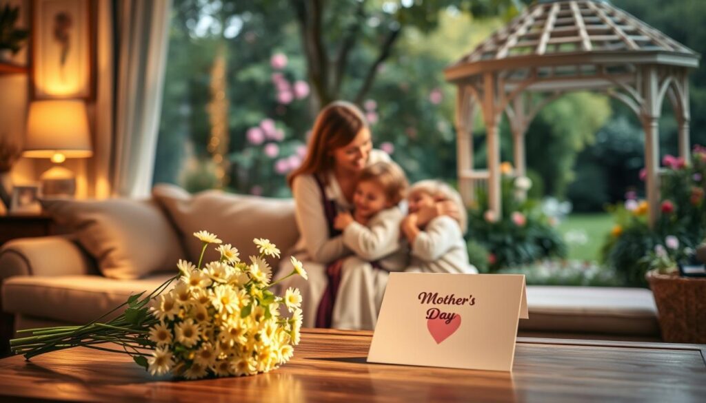 Detailed scene depicting traditional Mother's Day celebrations. In the foreground, a warm, cozy living room with a bouquet of flowers and a handmade card on a wooden coffee table. Middle ground showcases a mother and her children sharing a tender embrace, bathed in soft, golden lighting. In the background, a lush, verdant garden with blooming flowers and a picturesque gazebo, evoking a sense of natural beauty and tranquility. Ambient lighting creates a serene, intimate atmosphere, highlighting the familial bonds and cherished traditions surrounding Mother's Day.