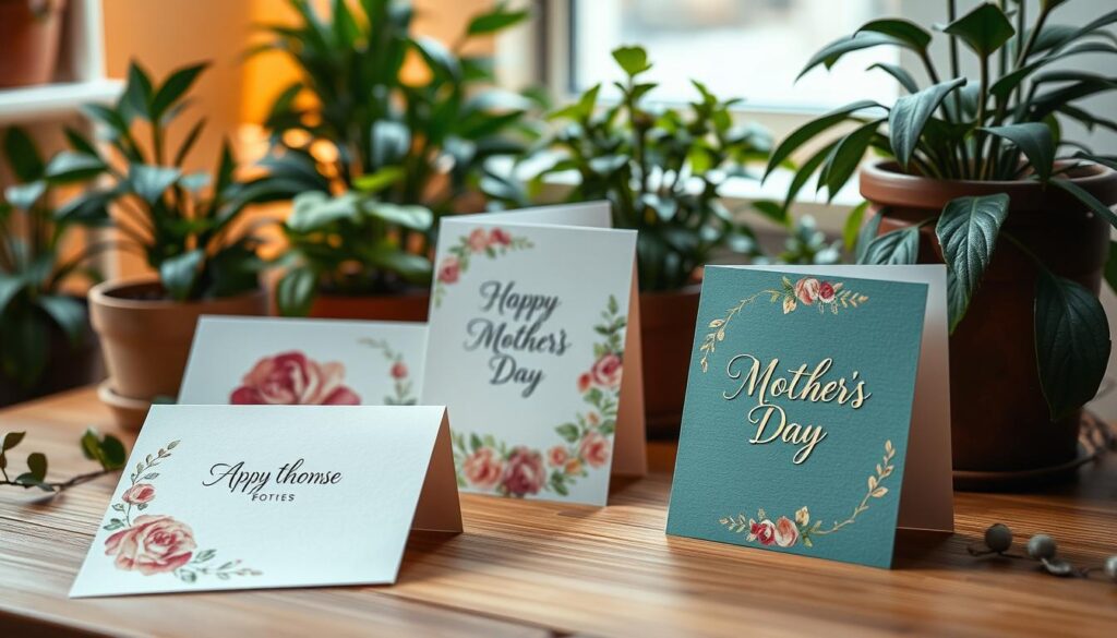 Elegant Mother's Day greeting cards with delicate floral designs, hand-drawn calligraphy, and subtle metallic accents. A cozy still life scene showcasing an assortment of colorful, hand-crafted cards in the foreground, with a soft, warm lighting illuminating the composition. Wooden table surface in the middle ground, surrounded by lush greenery and potted plants in the background, creating a serene, nature-inspired atmosphere. The cards exude a sense of artisanal charm and personalized touch, reflecting the thoughtfulness and creativity behind each creation.