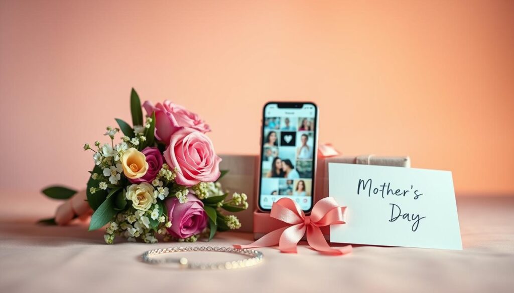 Elegant Mother's Day social media gifts against a soft, pastel-colored background. In the foreground, a tasteful arrangement of thoughtful presents - a bouquet of fresh flowers, a delicate necklace, and a hand-written greeting card. The middle ground features a smartphone displaying a heartfelt digital message or photo collage. Subtle lighting casts a warm, inviting glow, evoking a sense of heartfelt appreciation. The overall mood is one of understated sophistication, capturing the sentiment of honoring a beloved mother figure on this special occasion.