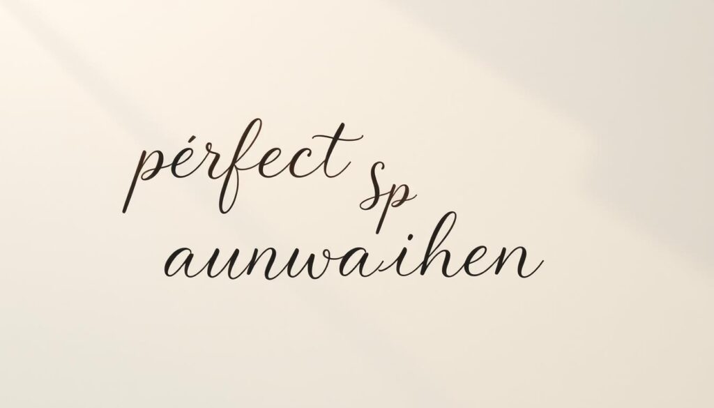 Elegant and thoughtful handwritten calligraphy on a soft, neutral background. The words "perfekte Sprüche auswählen" flow gracefully across the page, each letter carefully crafted with an artistic flourish. Beams of warm, diffused light cast a gentle glow, creating a sense of tranquility and introspection. The composition is balanced and centered, allowing the beautiful penmanship to take center stage. The overall mood evokes a feeling of mindfulness and attention to detail, perfectly suited to illustrate the section on selecting the perfect motherly sentiments.